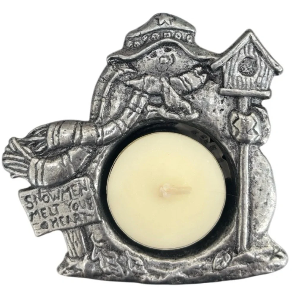 Vintage Pewter Candle Holder Snowman Christmas Winter Tea Light 90s Retro Carson